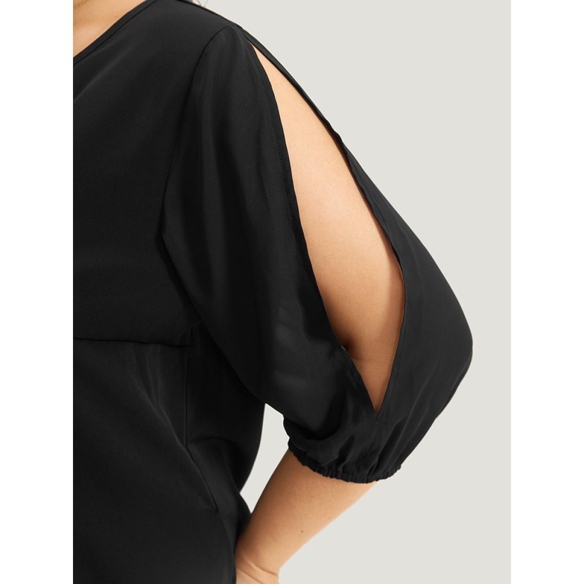 Plus Size Solid Pocket Cut Out V Neck Dress Black Women Office Elastic cuffs V-neck Elbow-length sleeve Curvy Knee Dress BloomChic 30/6X Product Image