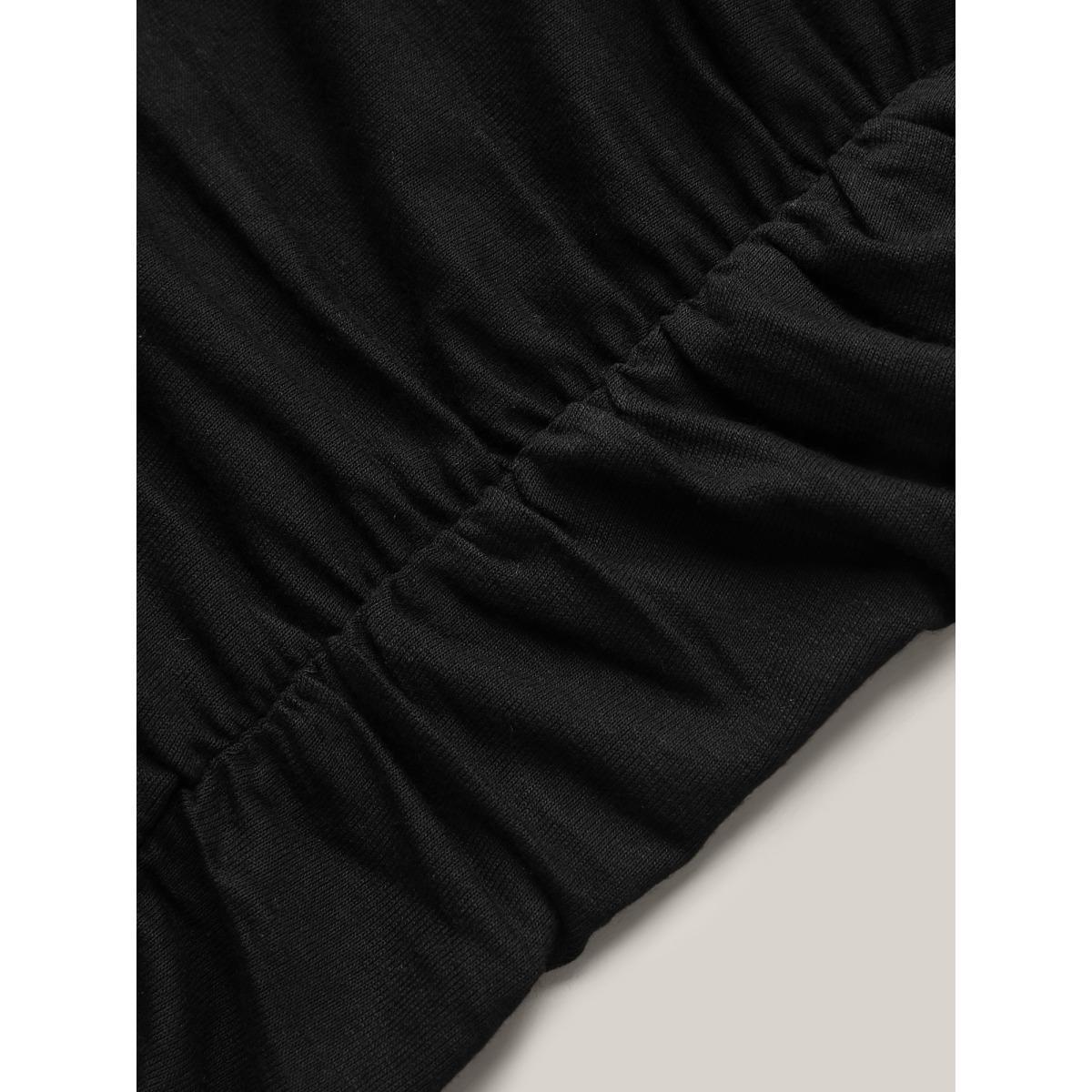 Plus Size Stretchy Ruched Fitted Long T-Shirt Black Women Casual Gathered Round Neck Bodycon Everyday T-shirts BloomChic 28/5X Product Image