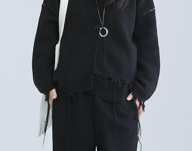 V-Neck Plain Distressed Asymmetrical Cardigan Product Image