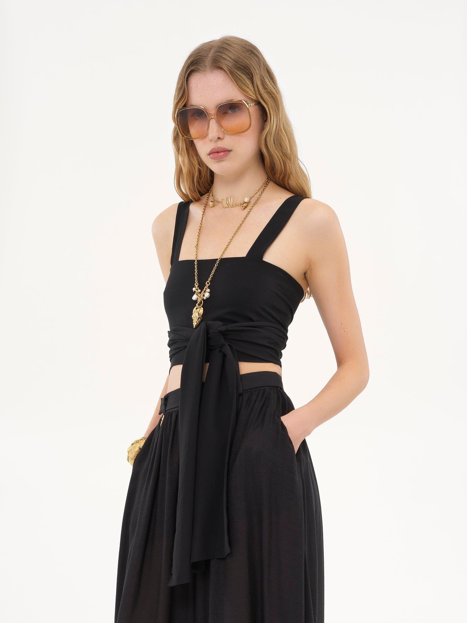 Cropped front-tie tank top in crêpe de chine Product Image