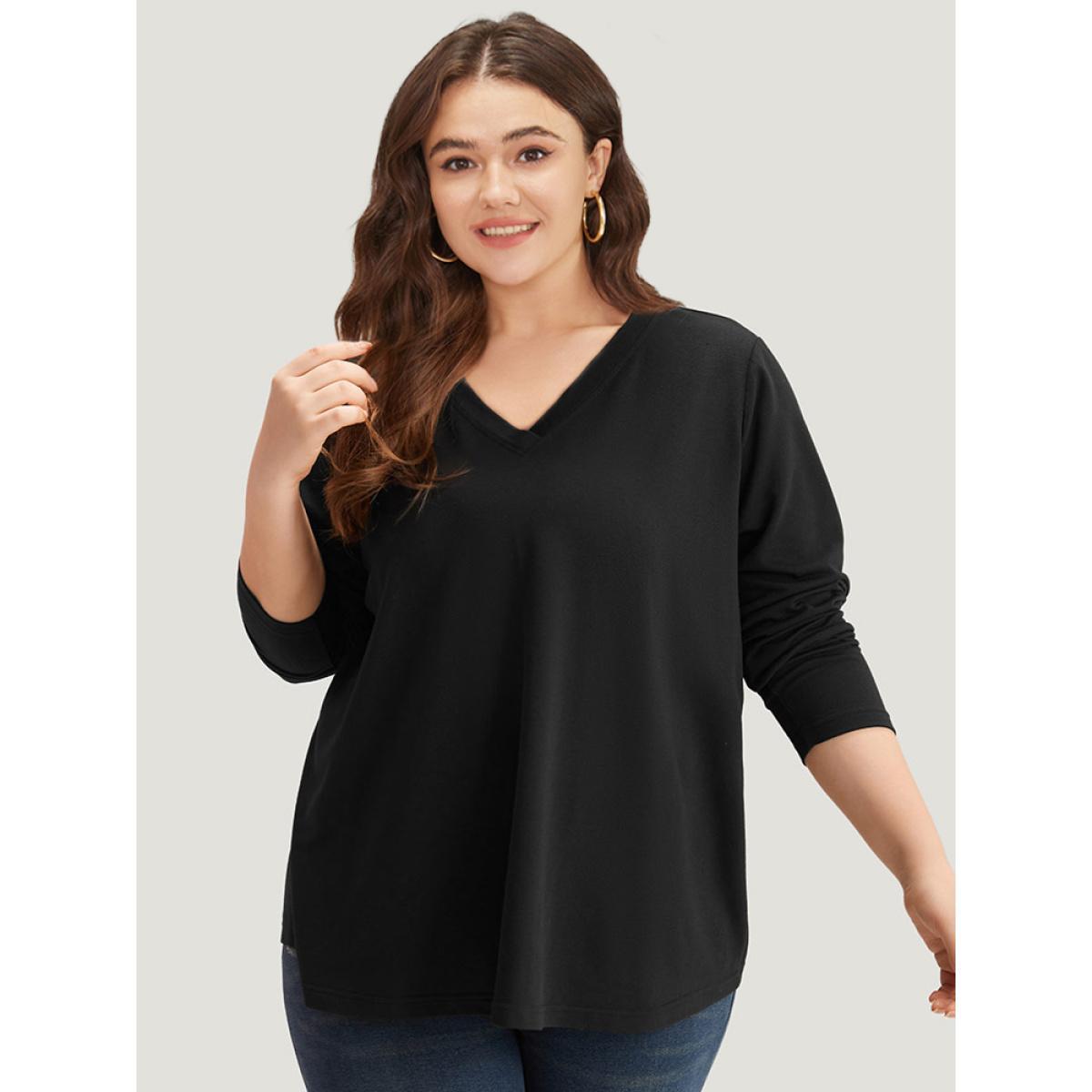 Plus Size Plain V Neck Back Half Zip Sweatshirt Women Black Casual Plain V-neck Dailywear Sweatshirts BloomChic 18-20/2X Product Image