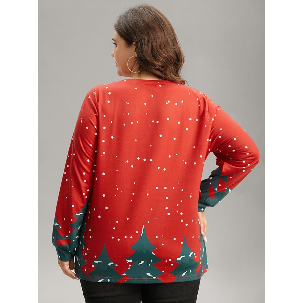 Plus Size Christmas Trees Snowflake Round Neck Sweatshirt Women Red Casual Contrast Festival-Christmas Sweatshirts BloomChic 30/6X Product Image