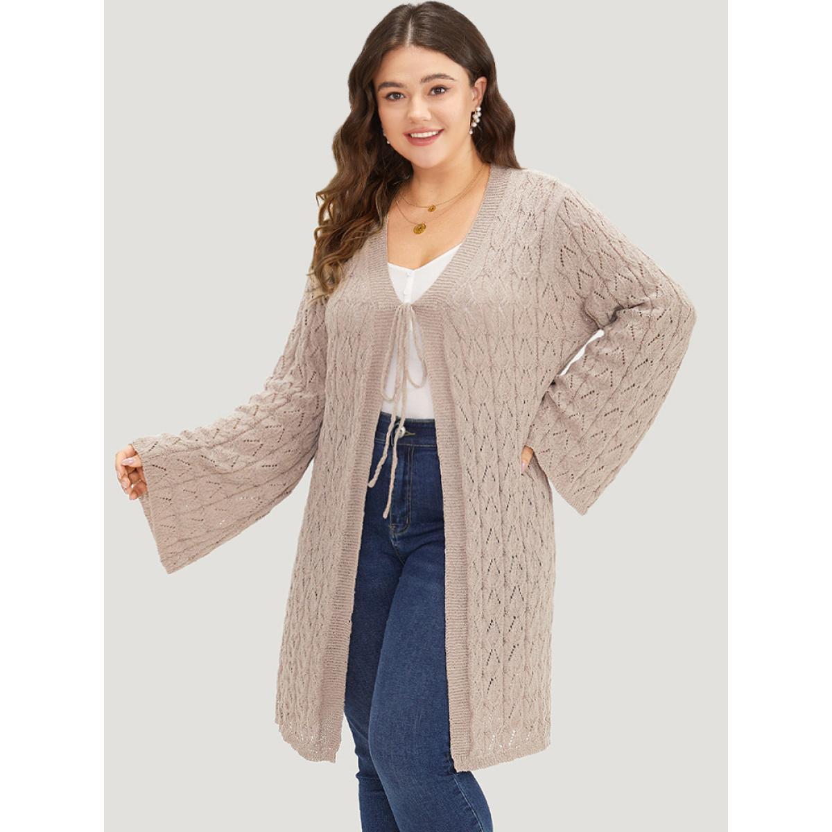 Plus Size Geometric Eyelet Tie Front Bell Sleeve Tunic Cardigan LightBrown Women Casual Loose Long Sleeve Dailywear Cardigans BloomChic 14-16/1X Product Image