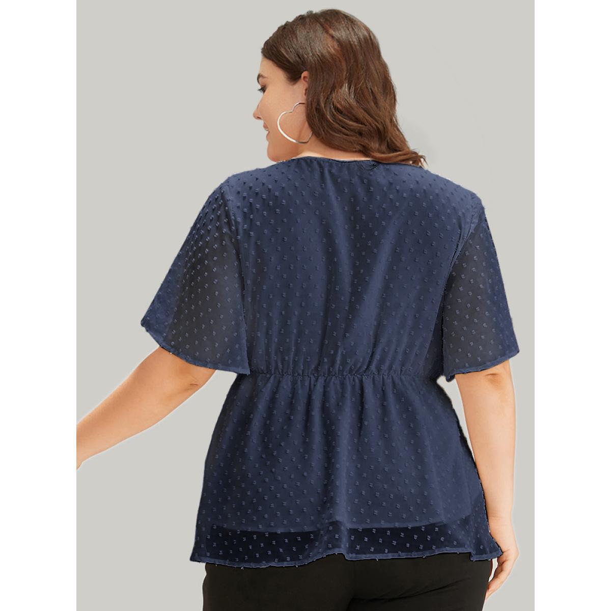 Plus Size Indigo Polka Dot Keyhole Mesh Gathered Flutter Sleeve Blouse Women Office Short sleeve V-neck Work Blouses BloomChic 12/L Product Image