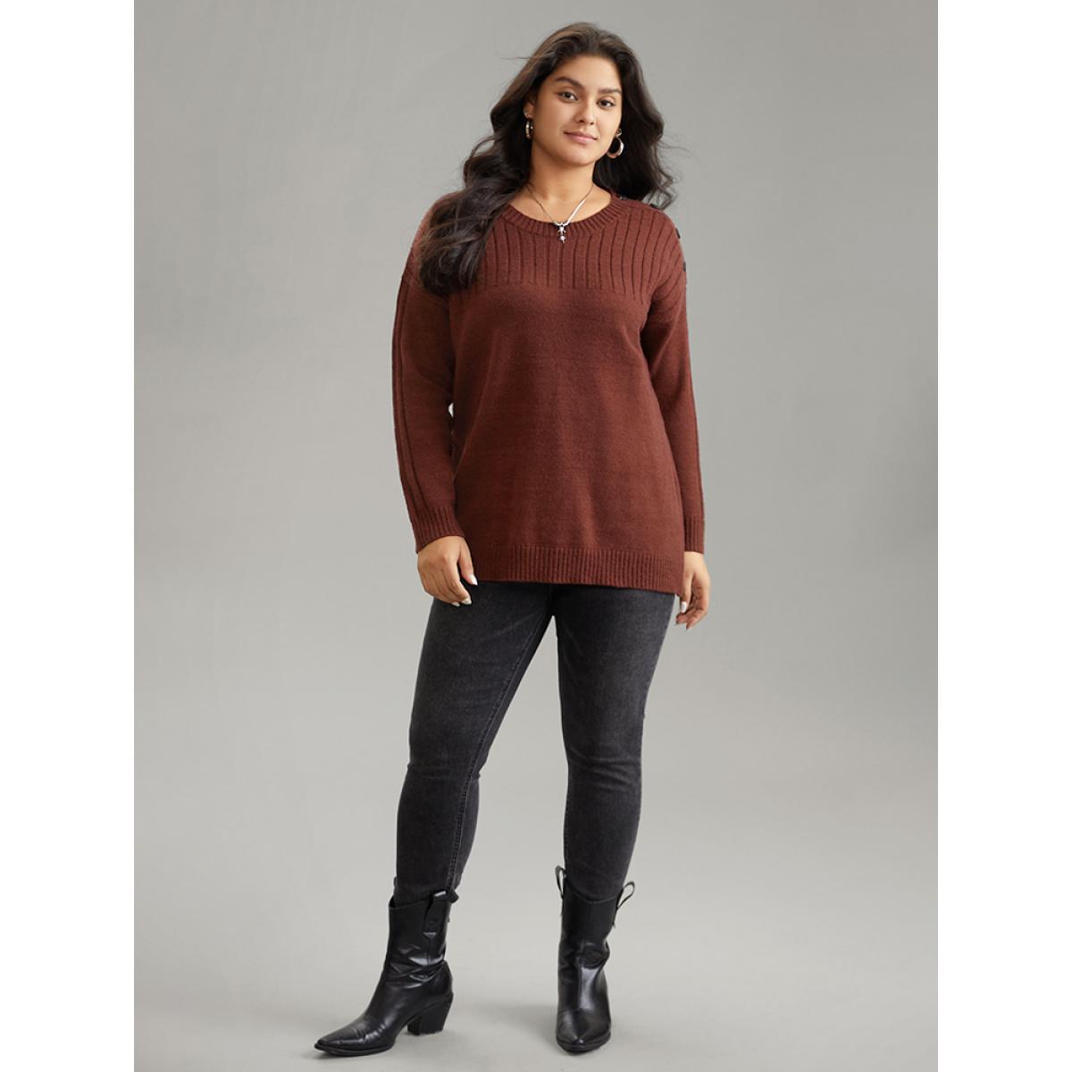 Plus Size Supersoft Essentials Solid Button Detail Knit Pullover Burgundy Women Casual Loose Long Sleeve Round Neck Dailywear Pullovers BloomChic 12/L Product Image