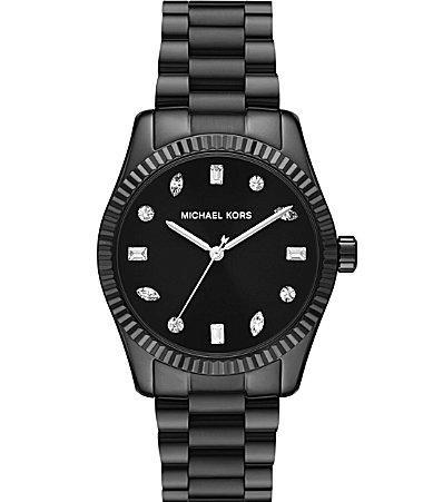 Michael Kors Womens Lexington Three-Hand Black Leather Strap Watch Product Image