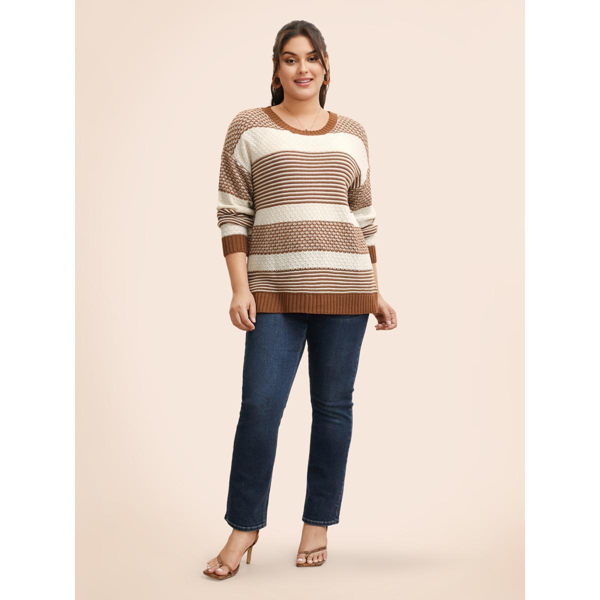 Plus Size Round Neck Striped Patchwork Texture Pullover LightBrown Women Casual Long Sleeve Round Neck Everyday Pullovers BloomChic 10/M Product Image
