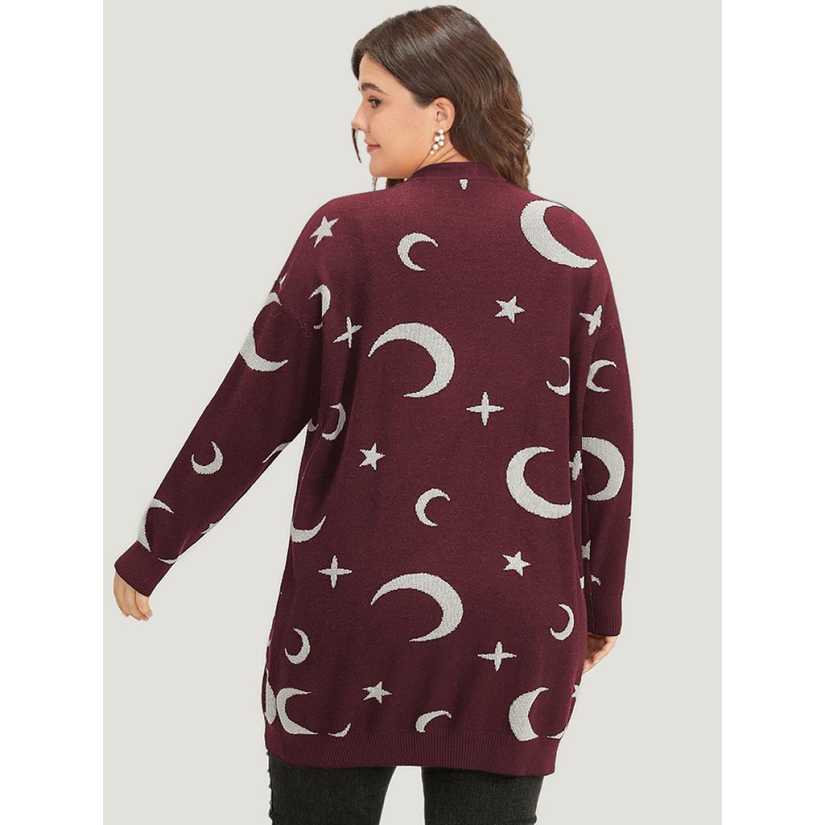 Plus Size Moon Print Open Front Cardigan Burgundy Women Casual Long Sleeve Everyday Cardigans BloomChic 10/M Product Image