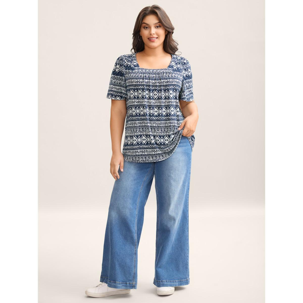 Plus Size Boho Print Square Neck T-Shirt Indigo Women Gathered Square Neck Everyday-Casual T-shirts BloomChic 12/L Product Image