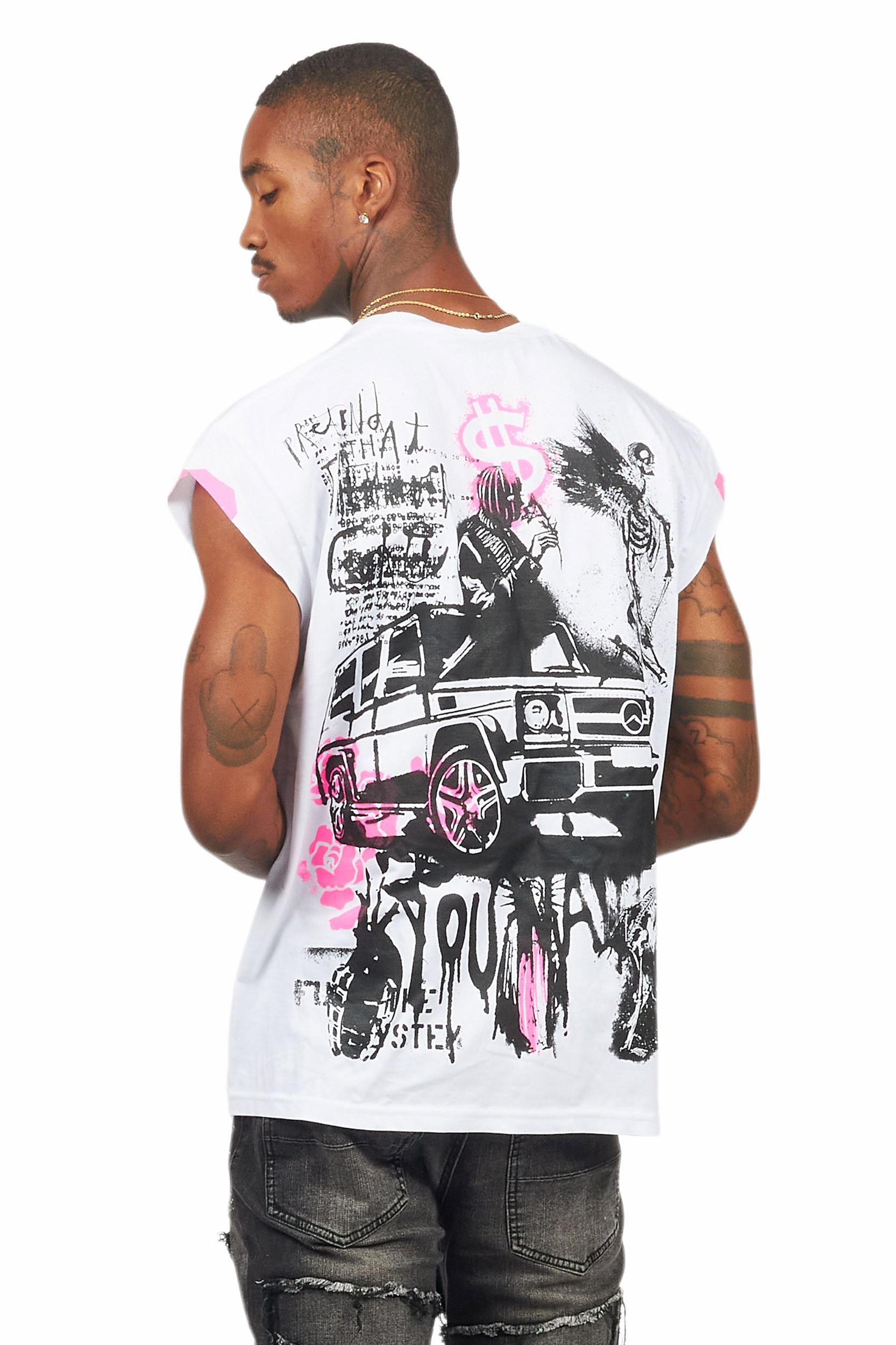 Grill White/Pink Graphic Muscle T-Shirt Male Product Image