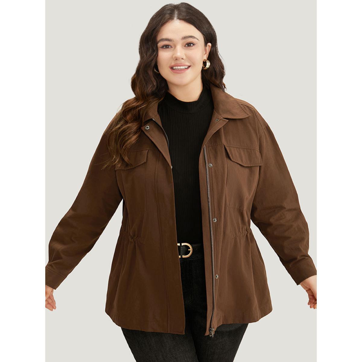 Plus Size Plain Flap Pocket Gathered Coat Women Maroon Casual Gathered Ladies Dailywear Winter Coats BloomChic 30/6X Product Image