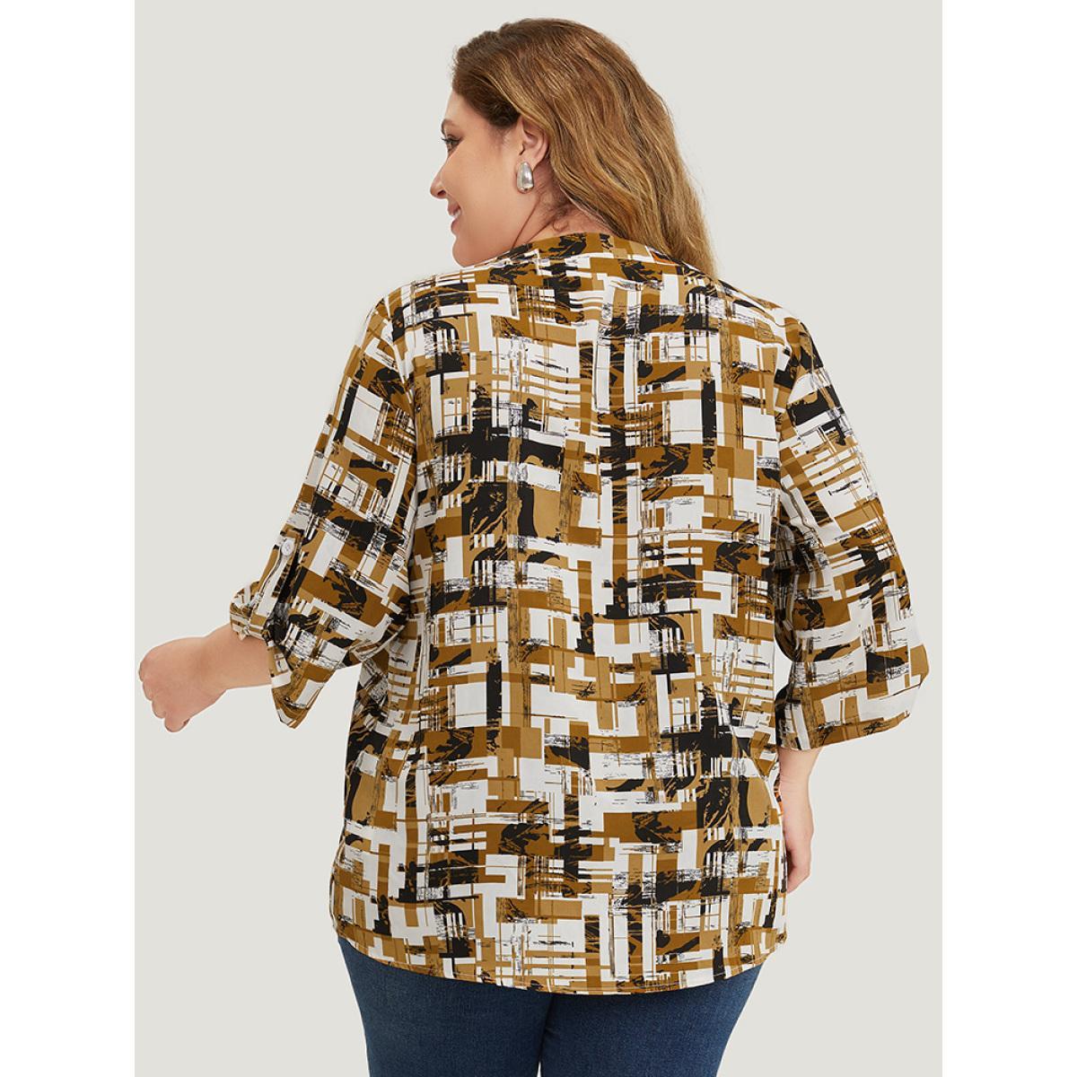 Plus Size Bronze Graphic Print Notched Button Detail Cuffed Sleeve Blouse Women Office Elbow-length sleeve Notched collar Work Blouses BloomChic 28/5X Product Image