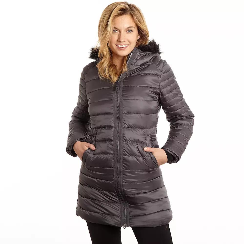 Womens Excelled Poly 3/4 Puffer with Attached Hood Faux Fur Trim, Women's, Size: Large, Gray Product Image