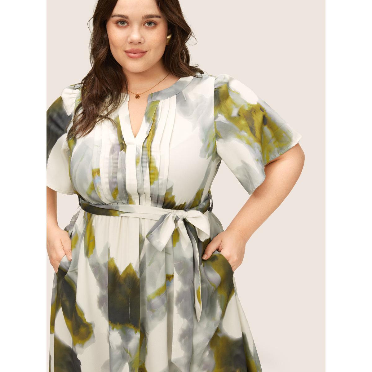 Plus Size Colorblock Notched Pleated Belted Curved Hem Dress Sage Women At the Office Non Notched collar Short sleeve Curvy Midi Dress BloomChic 28/5X Product Image