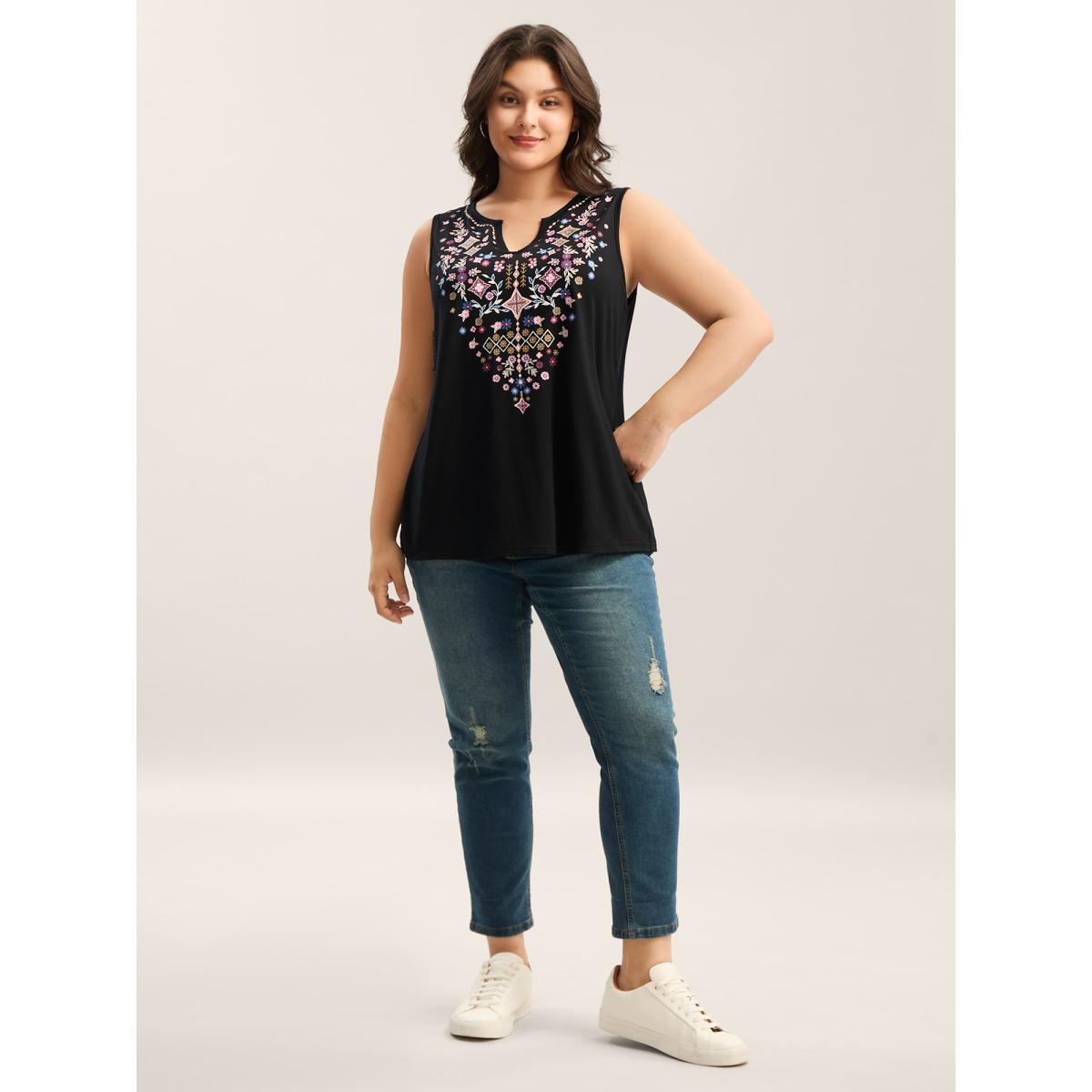 Plus Size Stretchy Boho Print Tank Top Women Black Non Flat collar with V-notch Everyday-Casual Tank Tops Camis BloomChic 14-16/1X Product Image