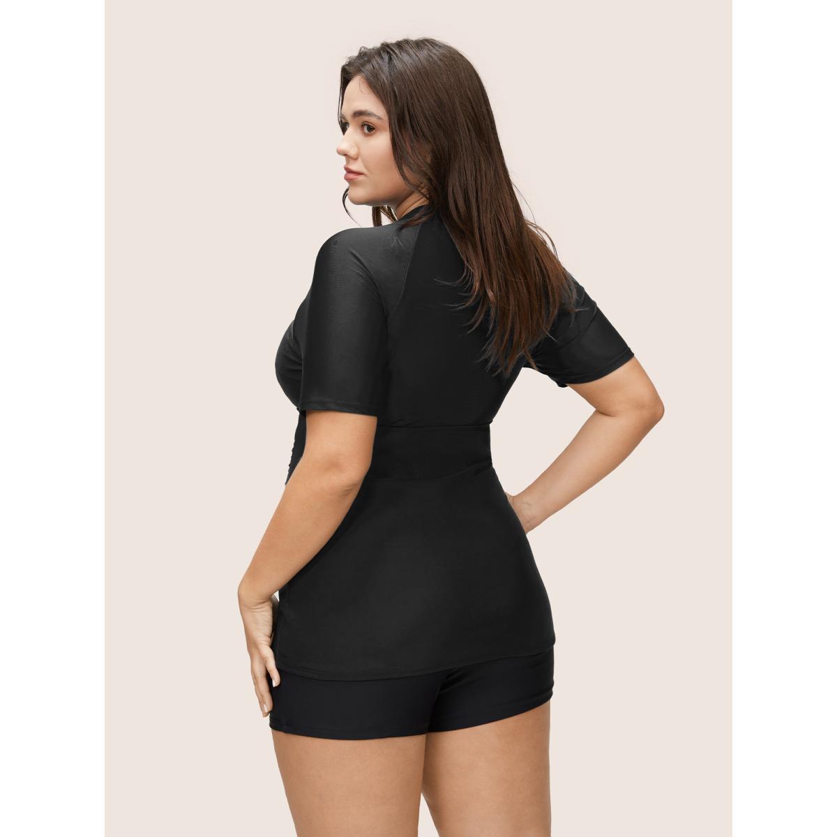 Plus Size Zipper Raglan Sleeve Ruched Swim Top Women's Swimwear Black Beach Non High stretch Skinny Round Neck Curve Swim Tops BloomChic 14-16/1X Product Image