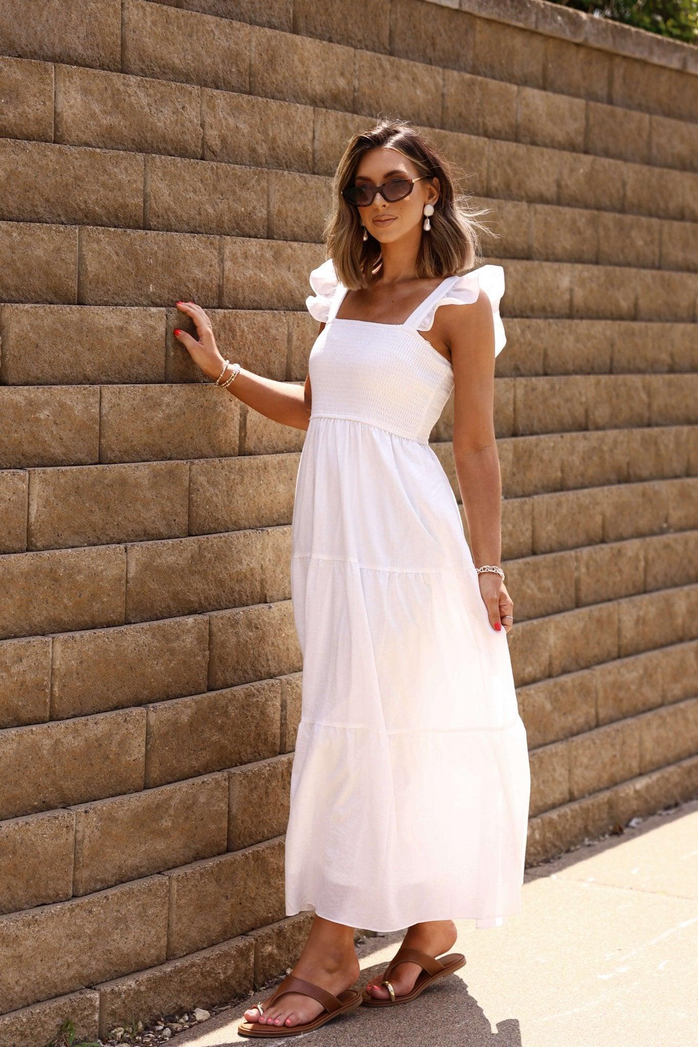 White Ruffle Sleeve Smock Tiered Midi Dress - FINAL SALE Product Image