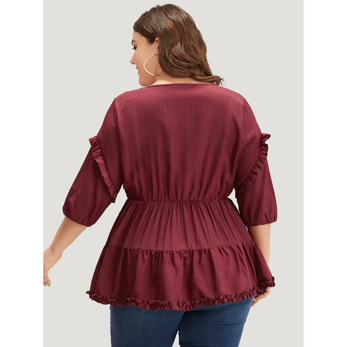 Plus Size Burgundy Plain Frill Trim Layered Hem Lantern Sleeve Blouse Women Elegant Elbow-length sleeve Round Neck Dailywear Blouses BloomChic 30/6X Product Image