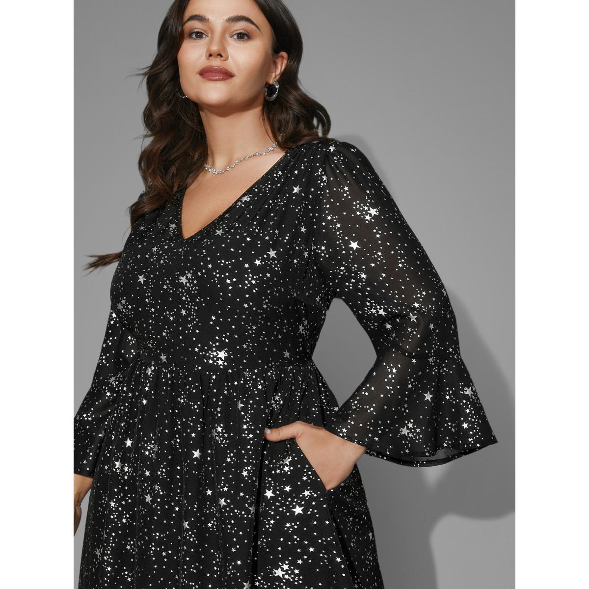 Plus Size Glitter Star Flutter Sleeve Chiffon Dress Black Women Cocktail Gathered Knit Dresses Bloomchic 18-20/2X Product Image