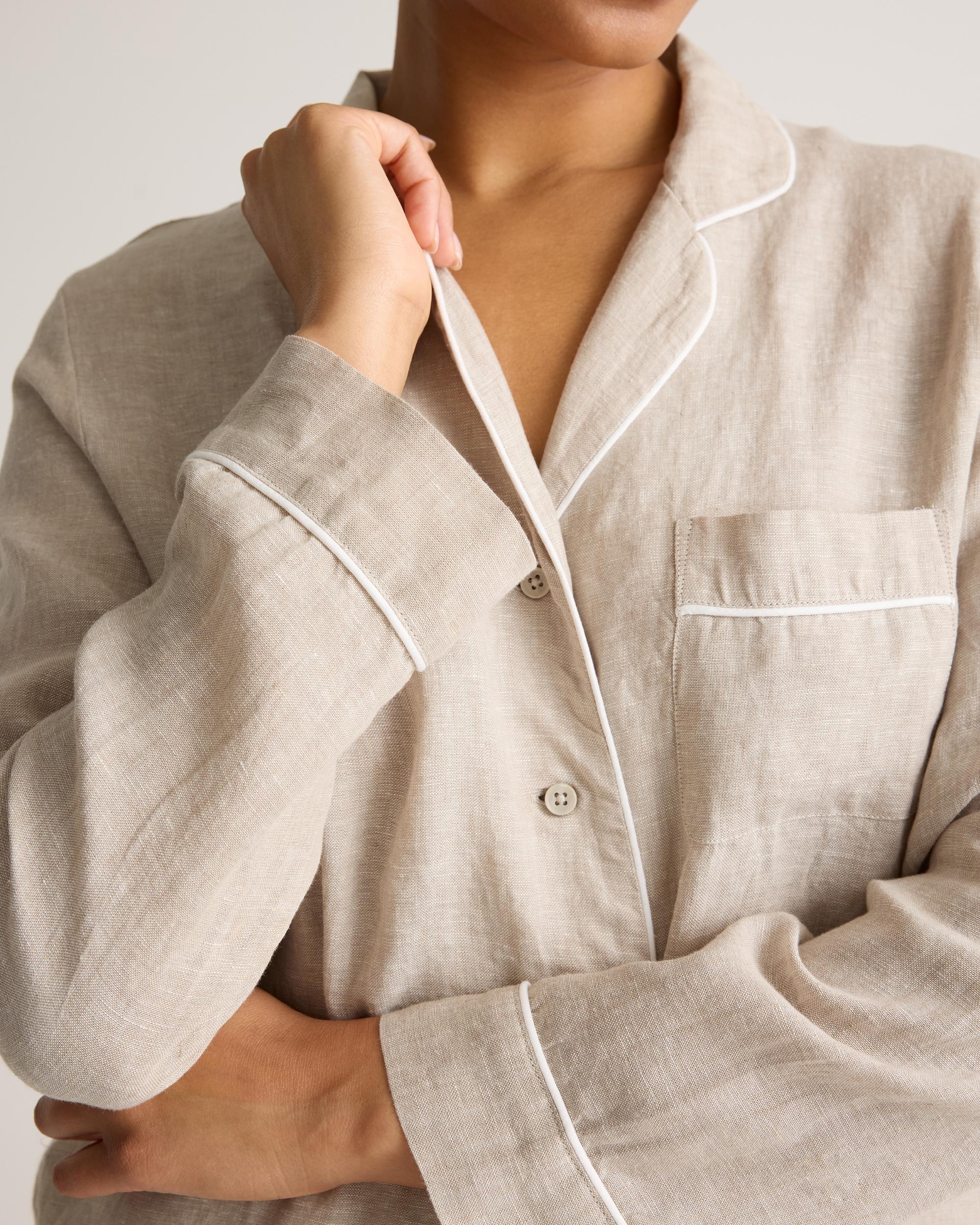 100% European Linen Long Sleeve Pajama Set with Piping Product Image