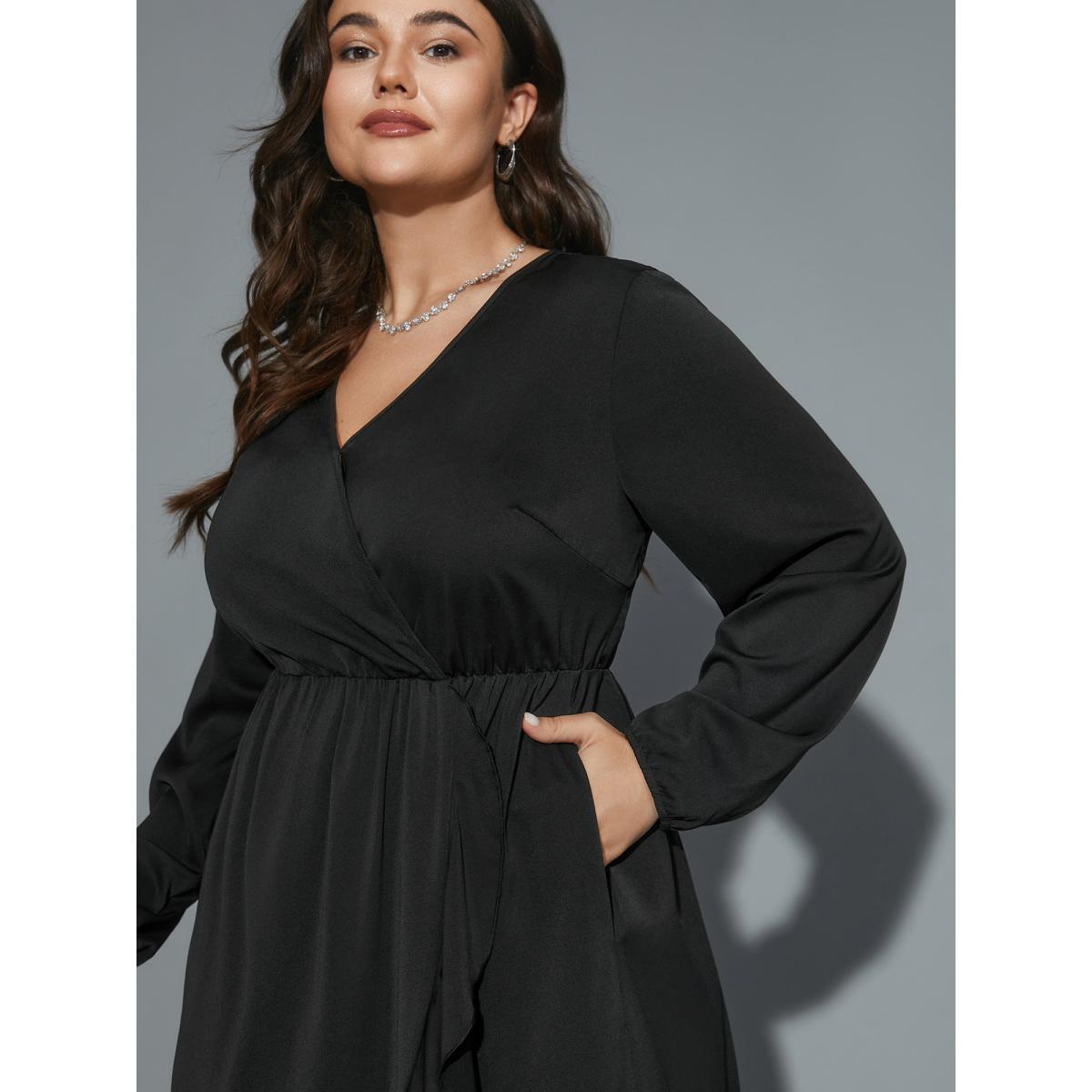 Plus Size Plain Overlap Collar Ruffle Trim Dress Black Women Elegant Overlapping Overlap Collar Long Sleeve Curvy BloomChic 22-24/3X Product Image