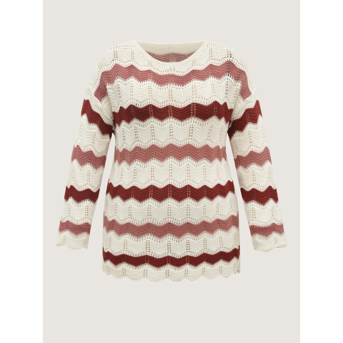 Plus Size Wavy Textured Stripes Cut-Out Lightweight Pullover Apricot Women Loose Long Sleeve Round Neck Everyday-Casual Pullovers BloomChic 30/6X Product Image