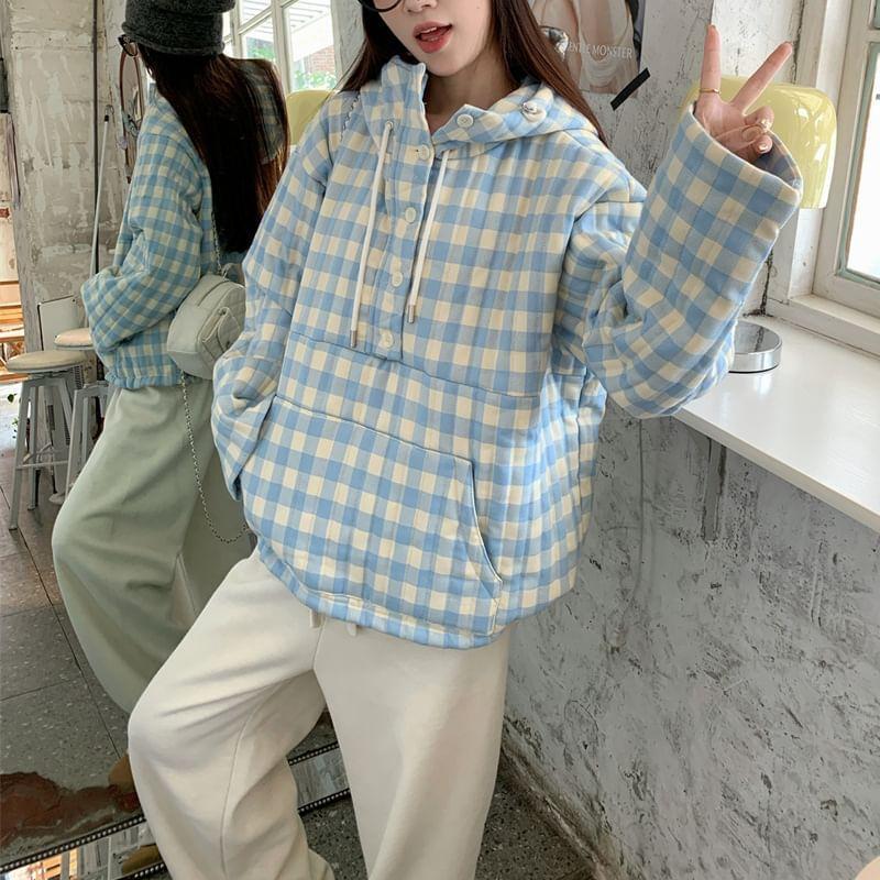 Gingham Drawstring Half-Buttoned Hoodie Product Image