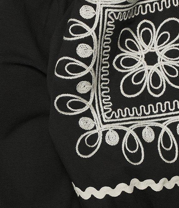 Calessa Embroidered Split V-Neck Short Balloon Sleeve Blouse Product Image