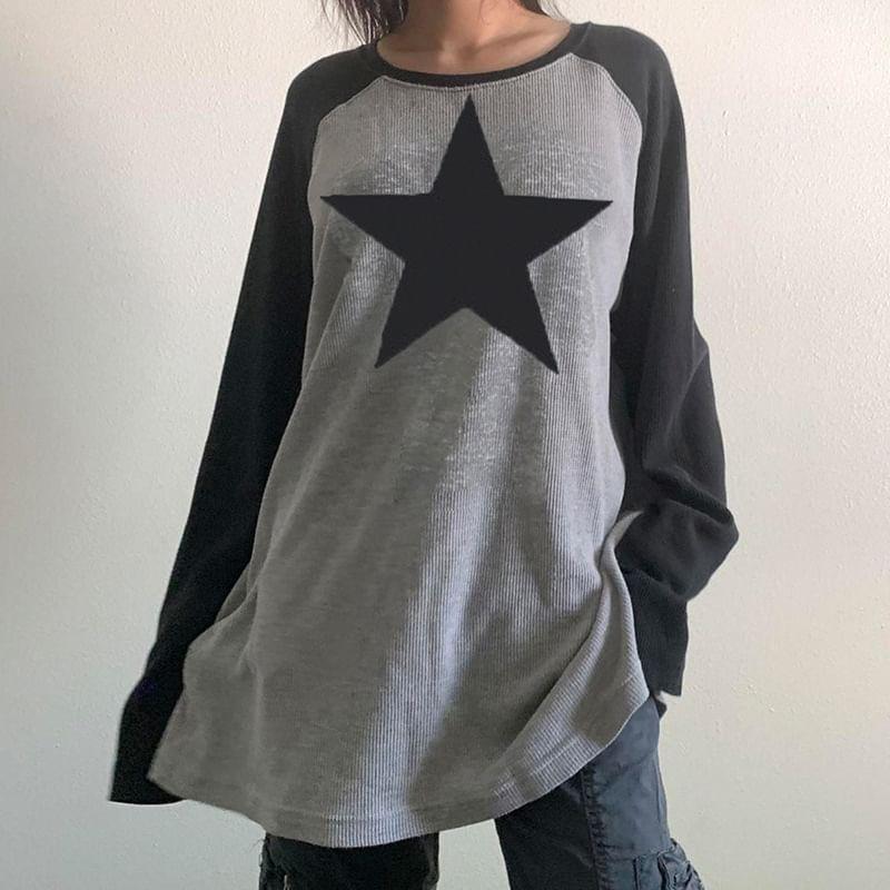 Long Sleeve Crew Neck Star Print Raglan Tee Product Image