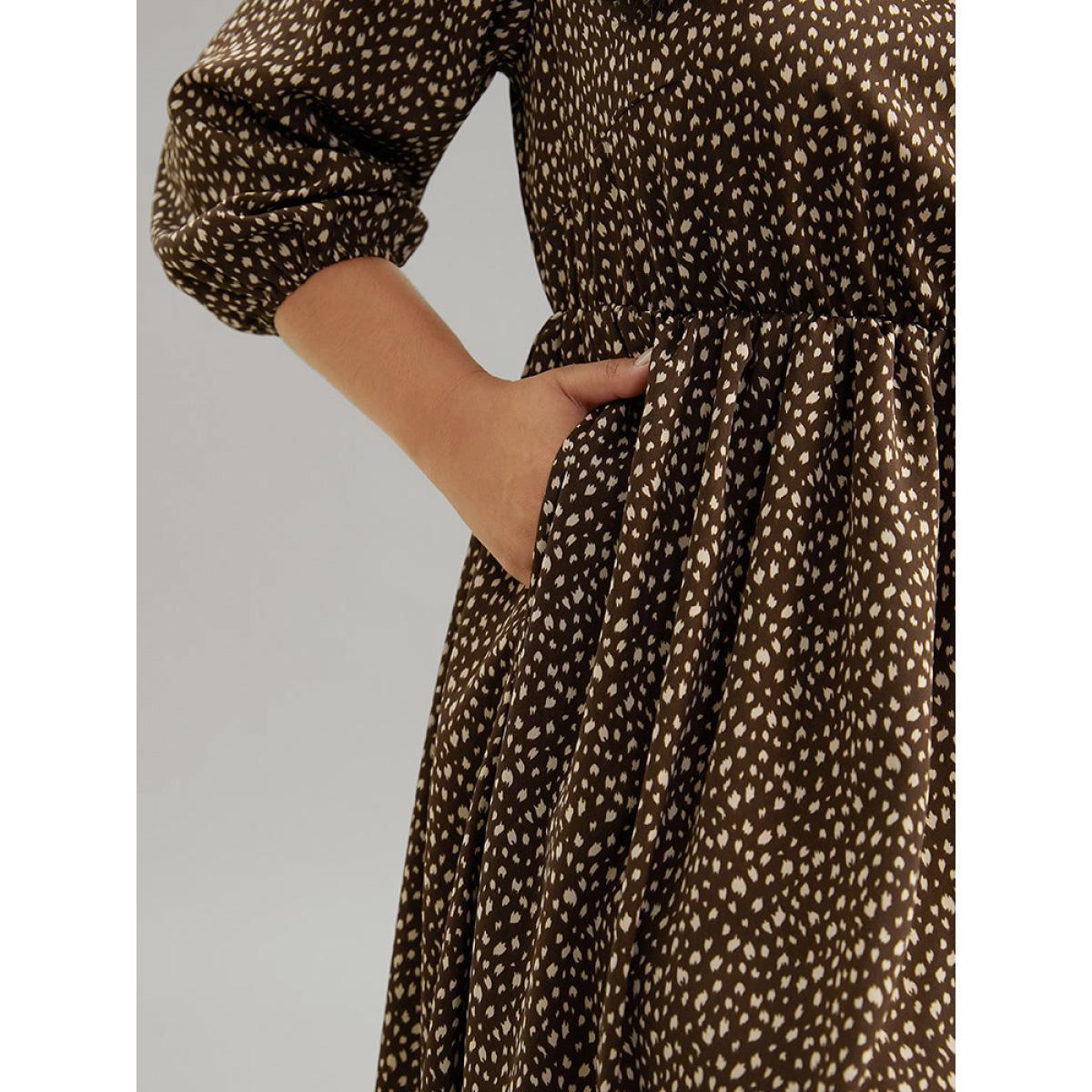Plus Size Leopard Lantern Sleeve Ruffles Frill Trim Dress DarkBrown Women Vacation Elastic cuffs V-neck Elbow-length sleeve Curvy Midi Dress BloomChic 14-16/1X Product Image