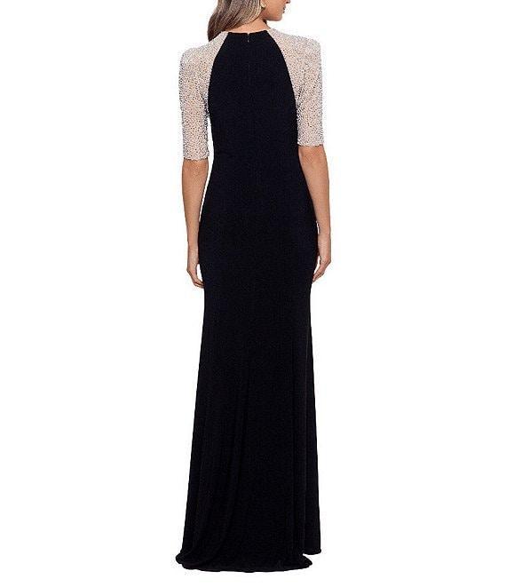 Xscape Caviar Beaded Mesh Short Sleeve Crew Neck Jersey Sheath Gown Product Image