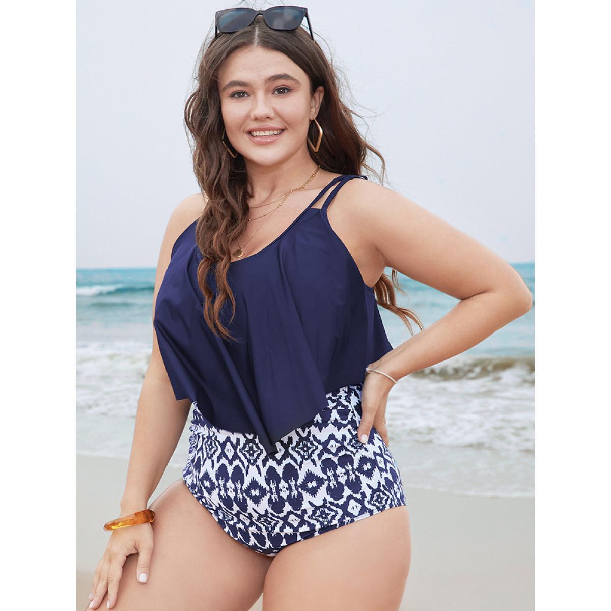 Plus Size Geometric Patchwork Ruffle Trim One Piece Swimsuit Women's Swimwear Indigo Vacation Adjustable Straps Curve Bathing Suits High stretch One Pieces BloomChic 18-20/2X Product Image
