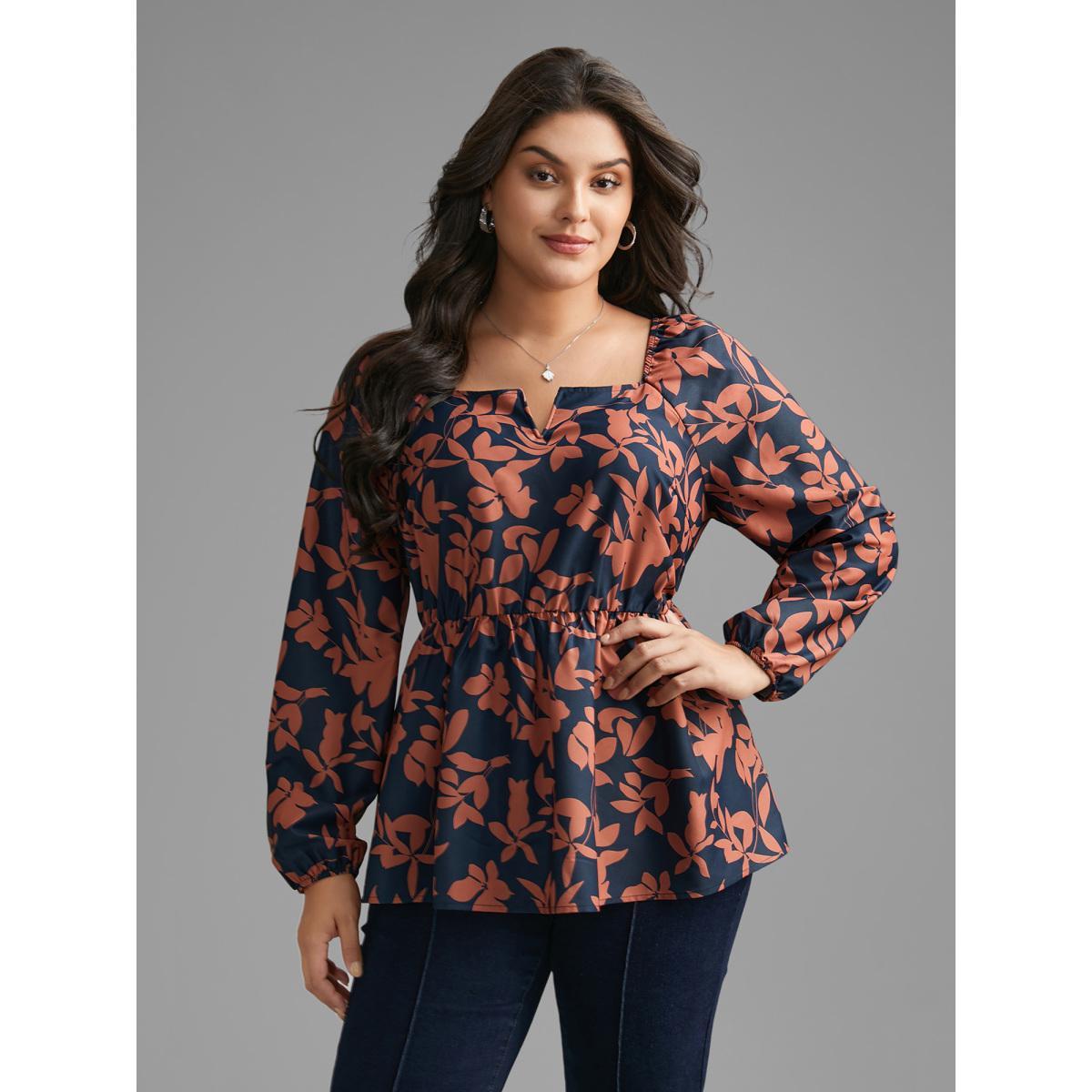 Plus Size Indigo Notched Silhouette Floral Print Lantern Sleeve Blouse Women Elegant Long Sleeve Notched collar Everyday Blouses BloomChic 12/L Product Image