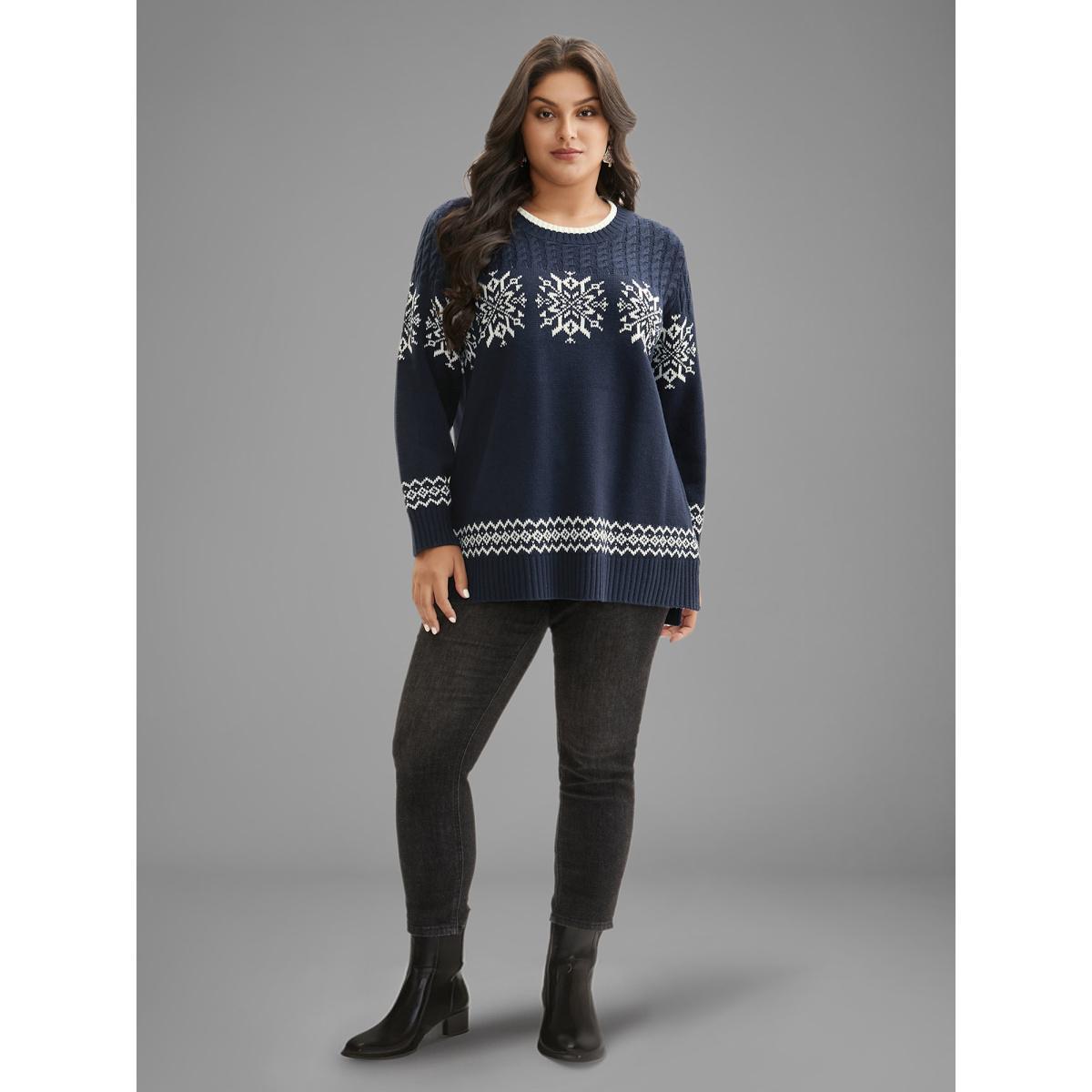 Plus Size Snowflakes Pattern Contrast Round Neck Pullover Midnight Women Casual Loose Long Sleeve Round Neck Everyday Pullovers BloomChic 28/5X Product Image