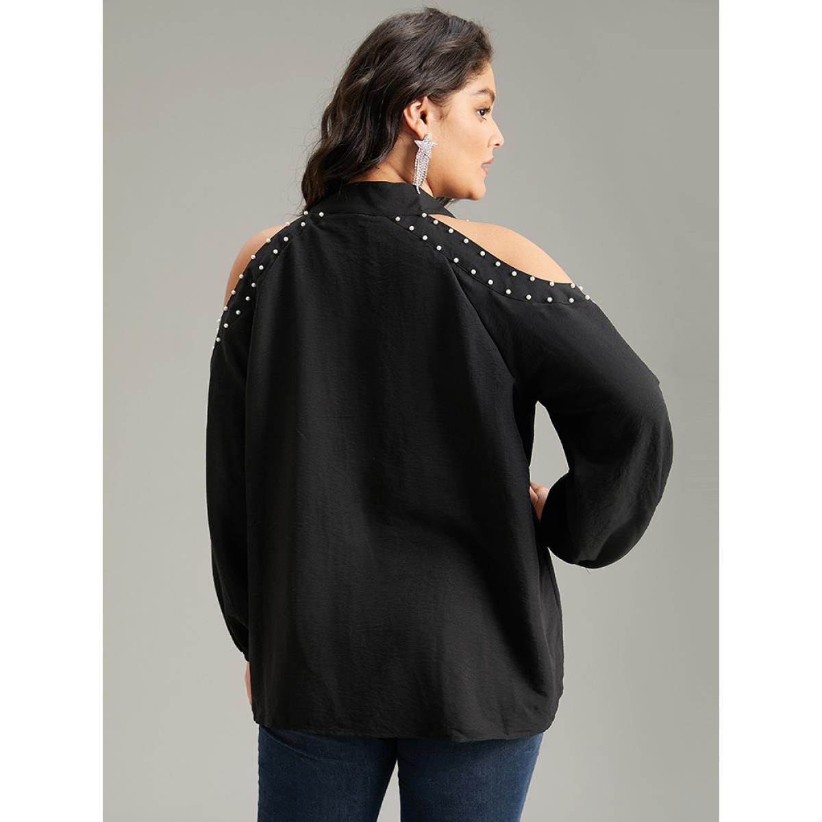 Plus Size Black Pearl Beaded Cold Shoulder Keyhole Bowknot Blouse Women Glamour Long Sleeve Cold Shoulder Going out Blouses BloomChic 22-24/3X Product Image