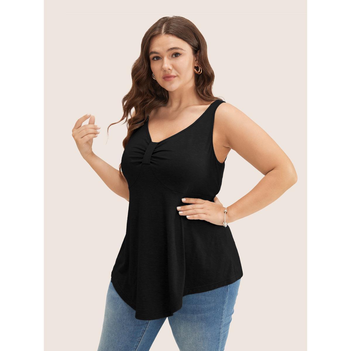 Plus Size Solid Ruched Detail Asymmetrical Hem Tank Top Women Black Elegant Gathered Heart neckline Everyday Tank Tops Camis BloomChic 28/5X Product Image