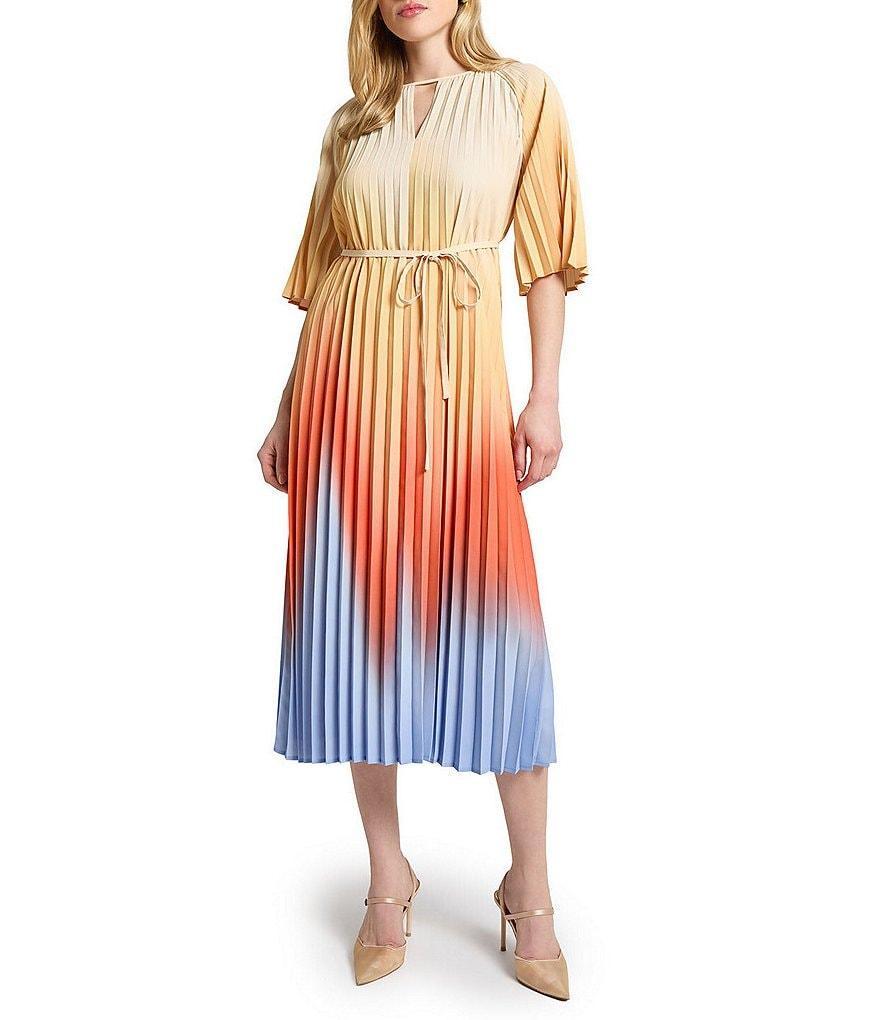 MISOOK Crepe De Chine Ombre Pleated Keyhole Neck Elbow Flutter Sleeve Dress Product Image