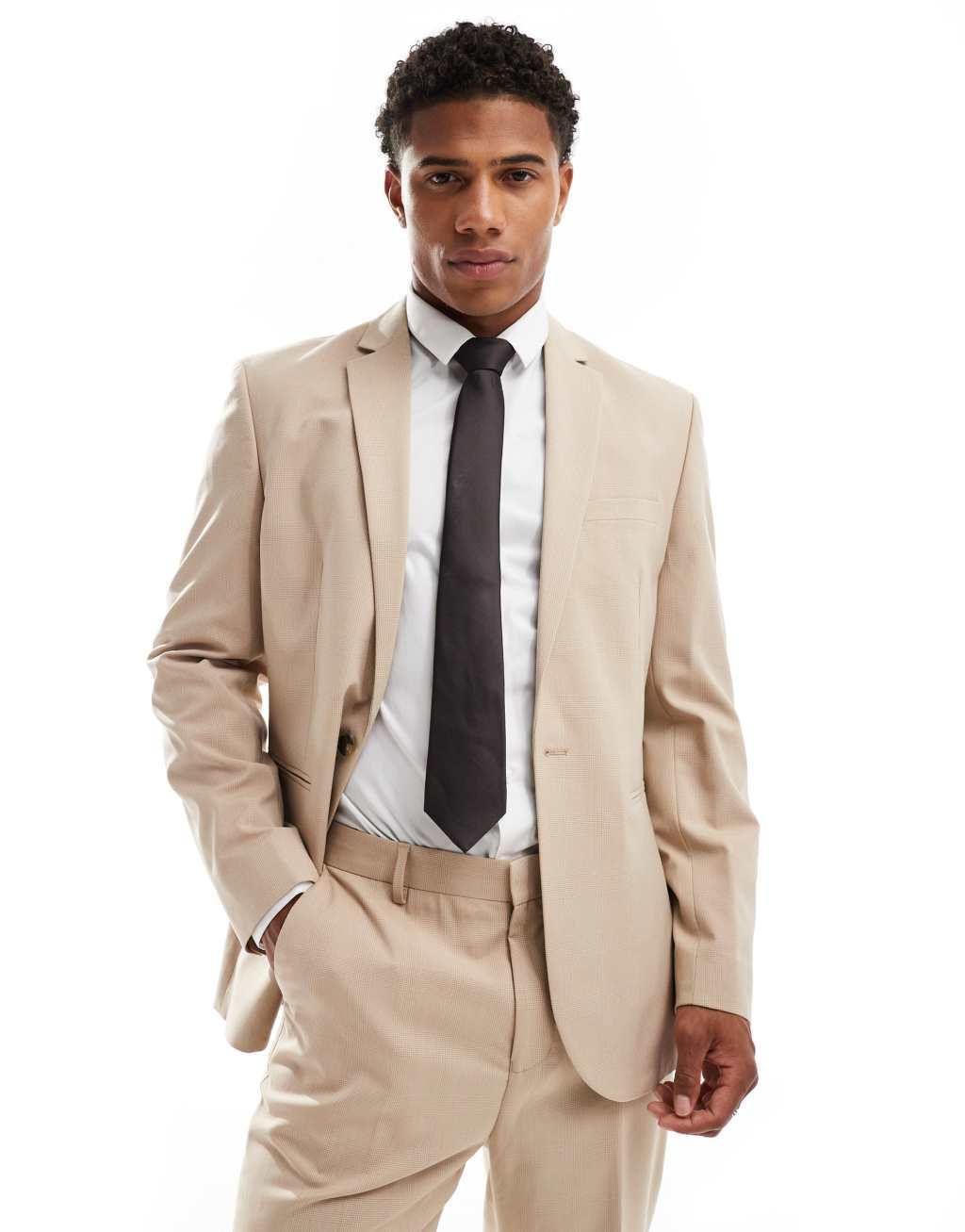 ASOS DESIGN slim suit jacket in tonal neutral prince of wales check Product Image
