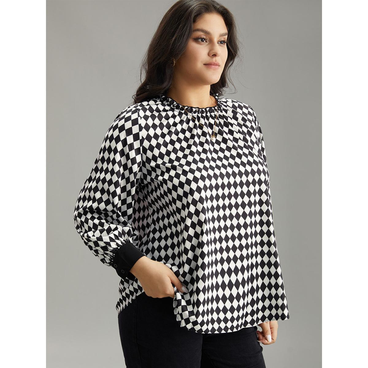 Plus Size Black Halloween Check Frill Trim Gathered Patchwork Blouse Women Elegant Long Sleeve Round Neck Dailywear Blouses BloomChic 12/L Product Image