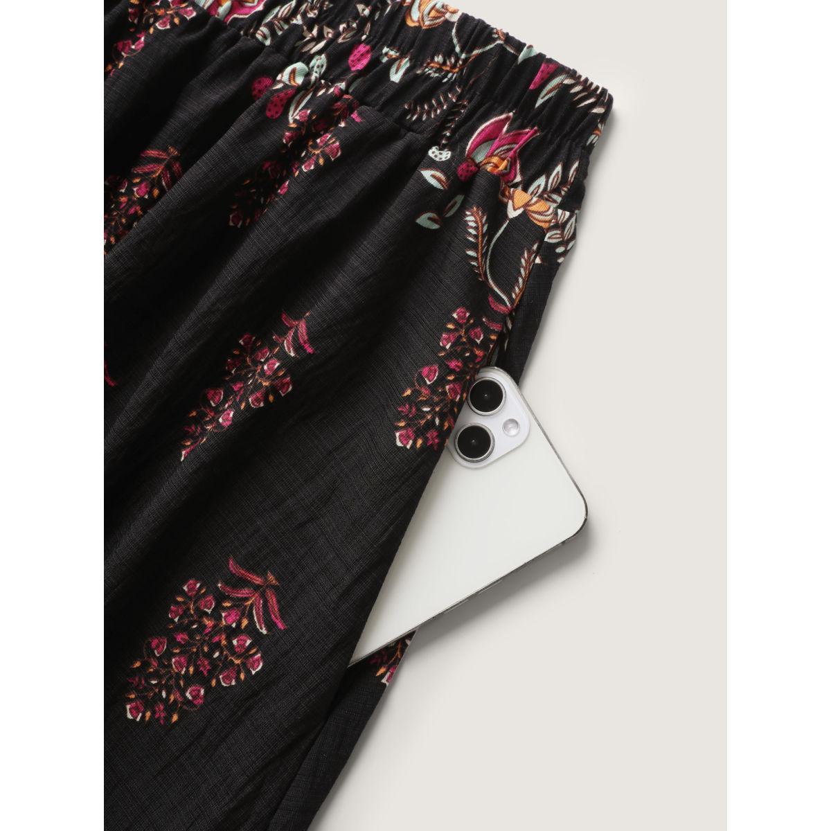 Plus Size Boho Floral Waist Stretchy Midi Skirt Women DarkGray Resort Bodycon Low stretch Side seam pocket Vacation Skirts BloomChic 28/5X Product Image