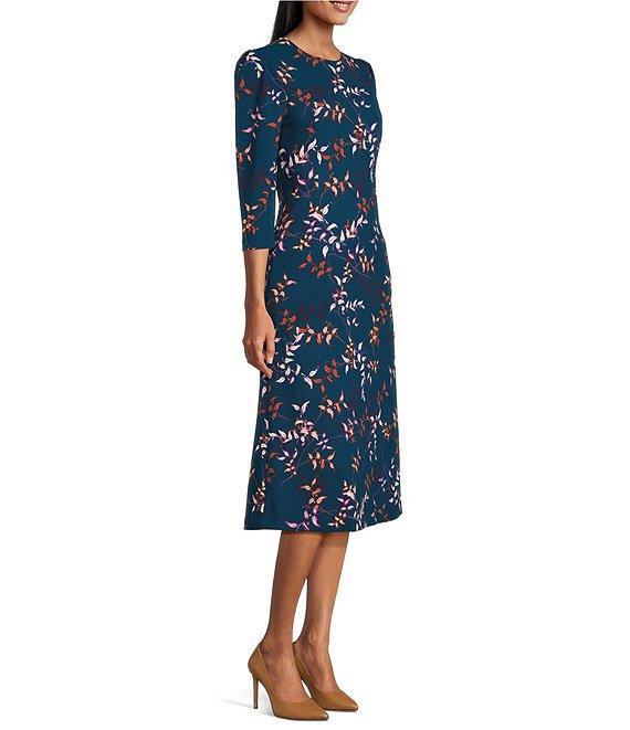 Investments Scuba Crepe Floral Vines 3/4 Sleeve Fit and Flare Dress Product Image