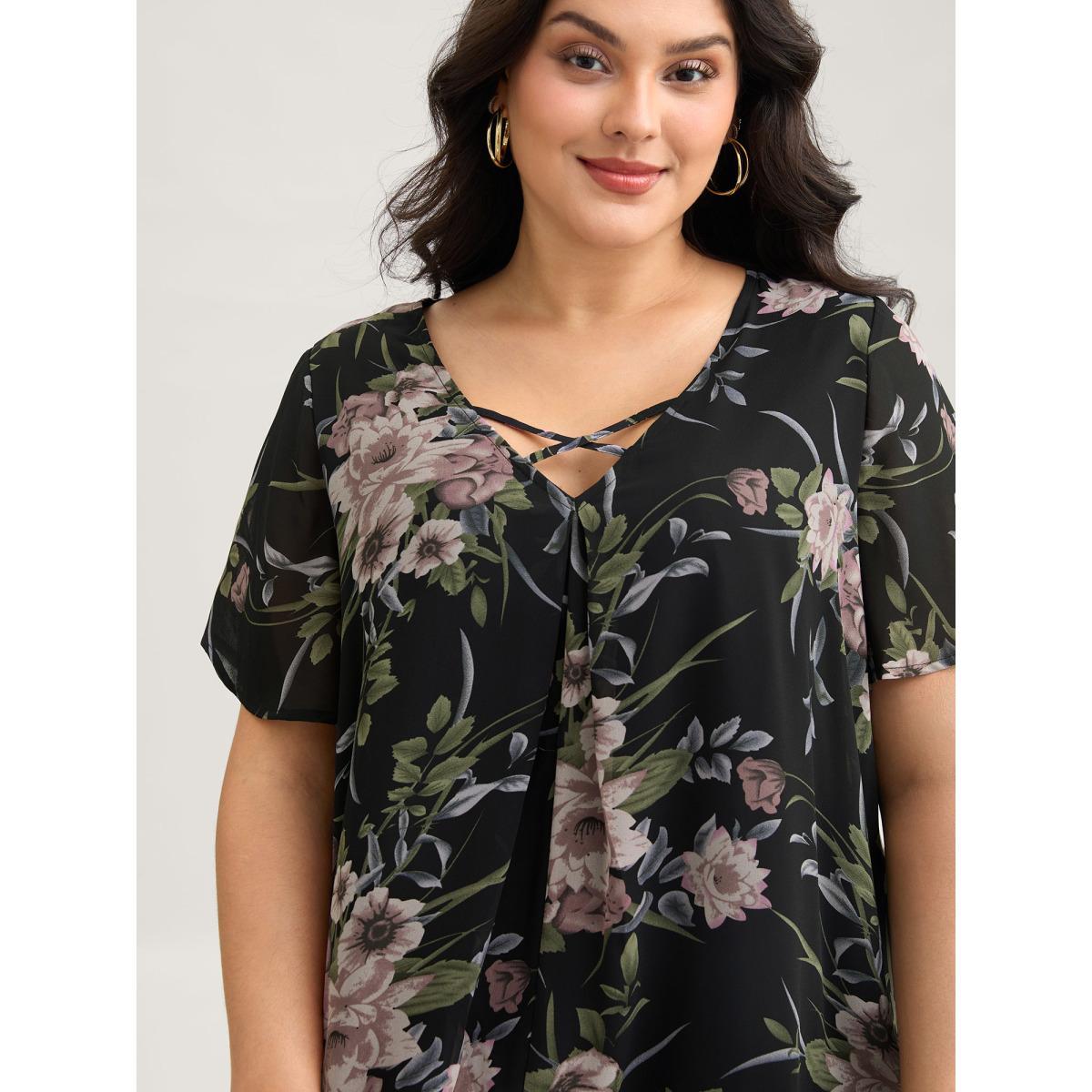 Plus Size Black Chiffon Floral Crisscross Hanky Hem Blouse Women Elegant Short sleeve V-neck Everyday Blouses BloomChic 14-16/1X Product Image