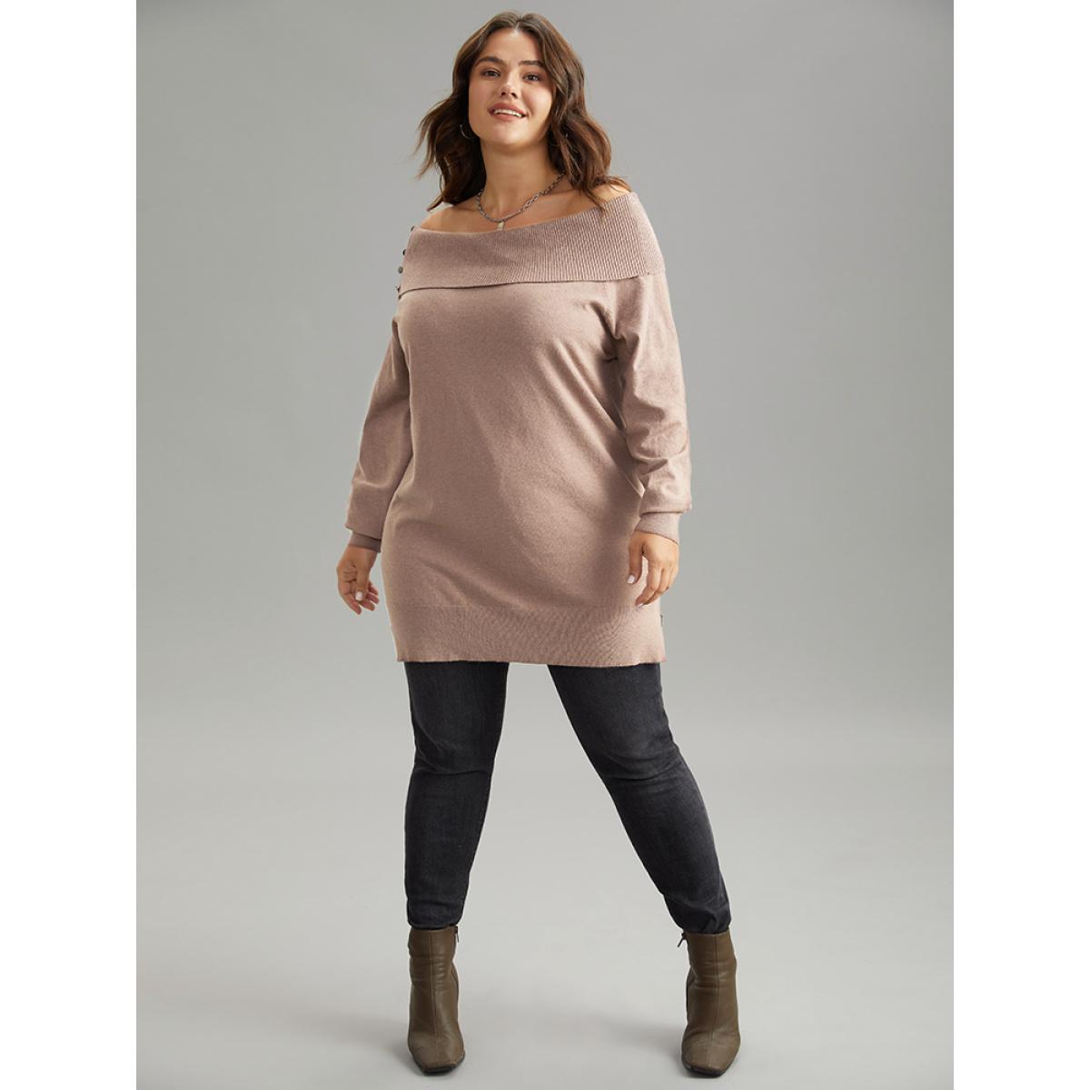 Plus Size Supersoft Essentials Anti-Pilling Off Shoulder Pullover Tan Women Casual Bodycon Long Sleeve One-shoulder neck Dailywear Pullovers BloomChic 30/6X Product Image