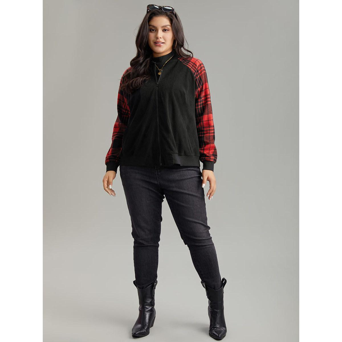Plus Size Plaid Patchwork Zipper Pocket Bomber Jacket Women Black Elastic cuffs Pocket Dailywear Jackets BloomChic 30/6X Product Image