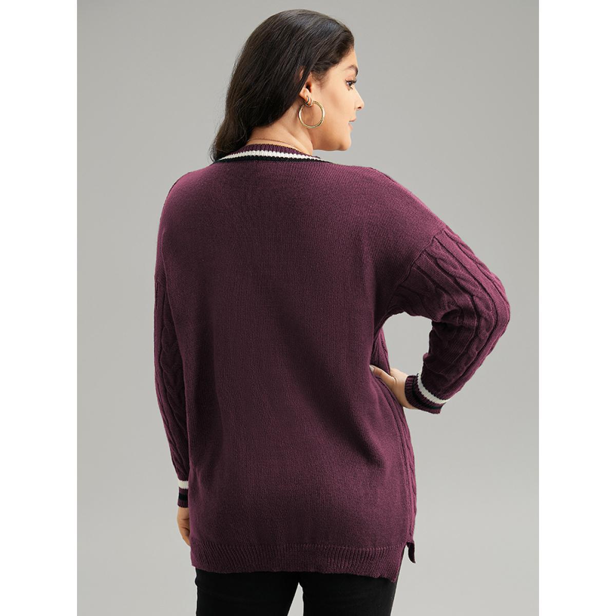 Plus Size Cable Knit Contrast Trim Drop Shoulder Pullover Burgundy Women Casual Loose Long Sleeve V-neck Dailywear Pullovers BloomChic 26/4X Product Image