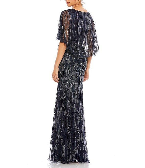 Mac Duggal V-Neck Capelete Sleeve Beaded A-Line Gown Product Image