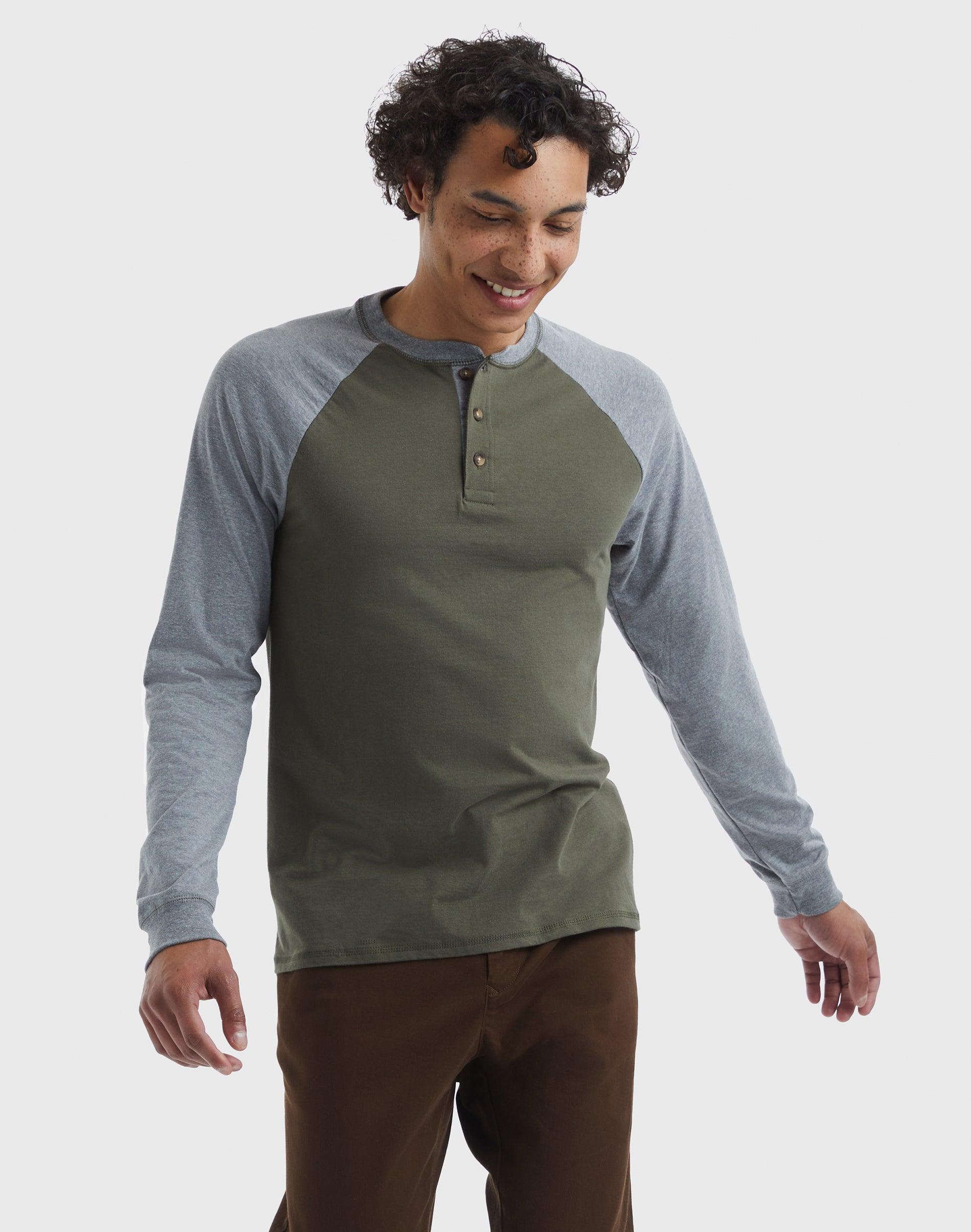Men's Hanes® Beefy Heavyweight Colorblock Raglan Henley, Size: Small, Oxford Gray Grey Product Image