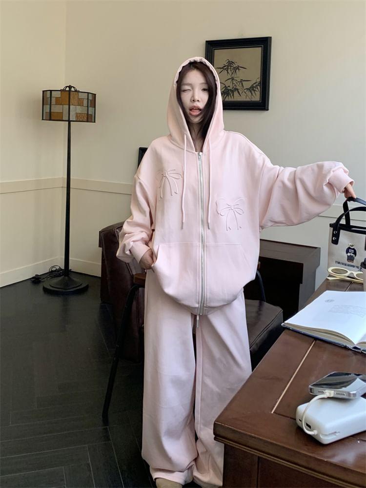 Bow Embossed Zip-Up Hoodie / Drawstring Waist Plain Wide Leg Sweatpants Product Image