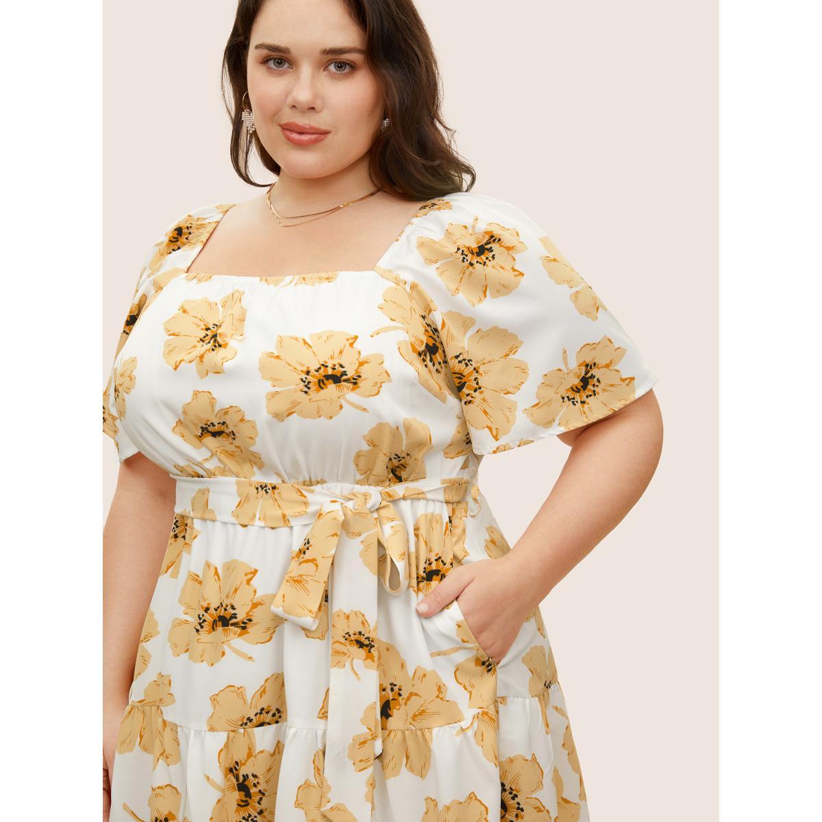 Plus Size Square Neck Floral Raglan Sleeve Belted Dress Yellow Women Elegant Belted Square Neck Short sleeve Curvy BloomChic 12/L Product Image
