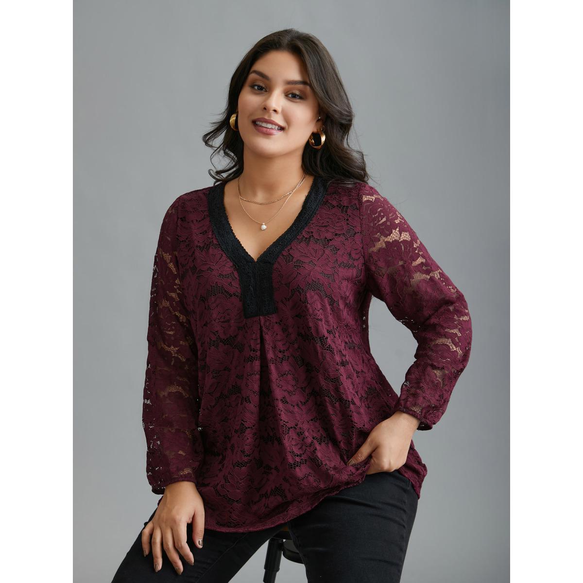 Plus Size Scarlet Sheer Lace Sleeve Pleated Slim-Fit Blouse Women Elegant Long Sleeve V-neck Everyday Blouses BloomChic 30/6X Product Image